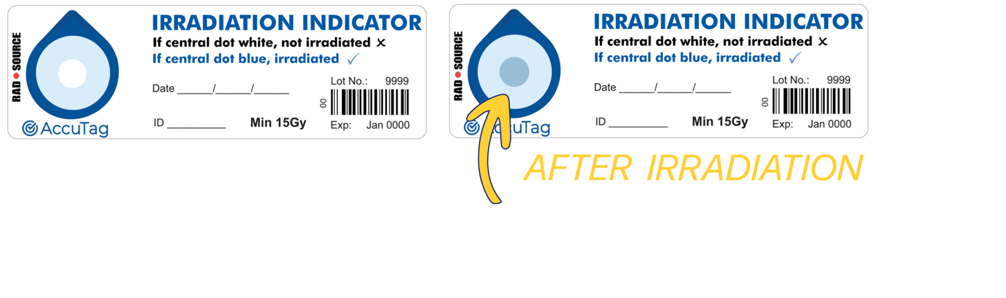 Before and After Irradiation (White Text - Yellow Arrow)